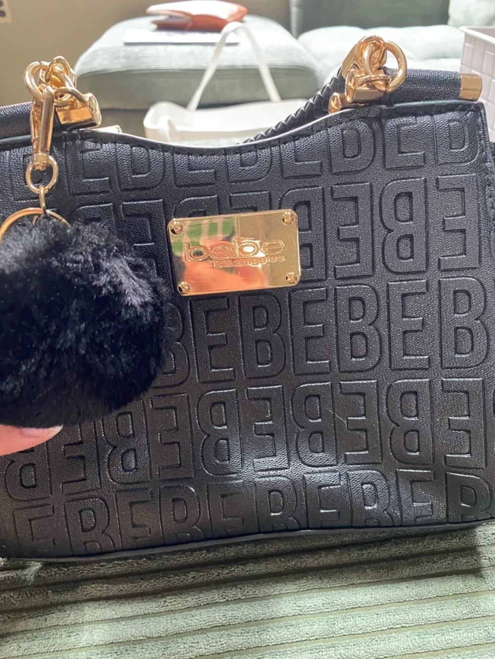 bebe Black Embossed Logo Satchel with Pom Charm